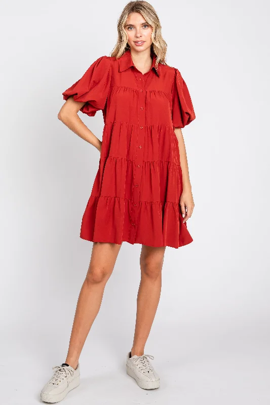 VIP Member Discount Rust Puff Sleeve Mini Shirt Dress