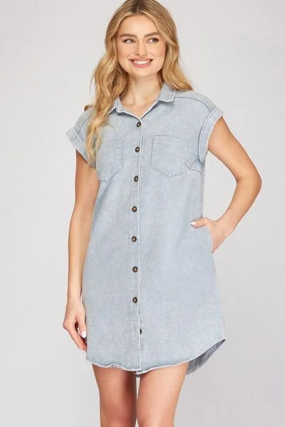 Travel Essentials Denim Button-Down Twill Shirt Dress