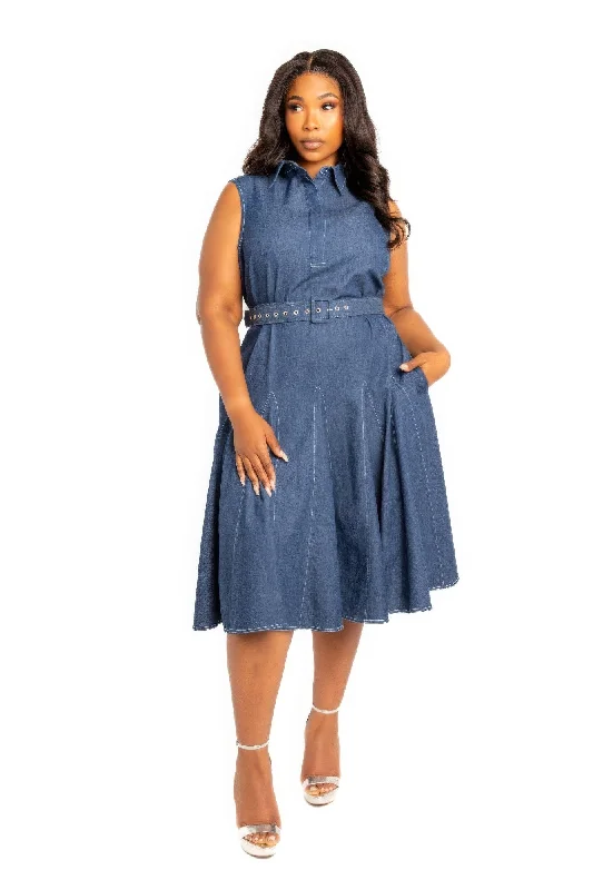 Dive Into Trendy Women's Fashion Contrast stitch washed denim shirt dress with belt