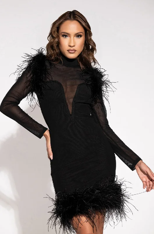 Style Your Wardrobe LUXE BANDAGE MESH DRESS WITH REAL FEATHERS BLACK