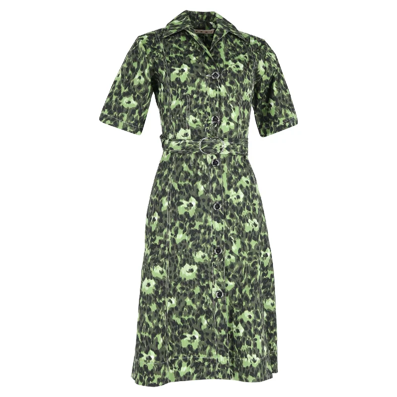 Affordable Online Boutiques Marni Floral Print Shirt Dress in Green Cotton