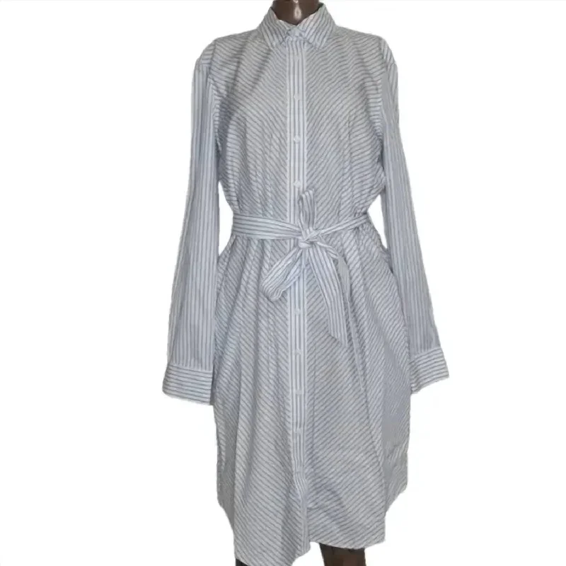 Street Style Fashion Women's Cotton Striped Long Sleeve Shirt Dress In White/blue