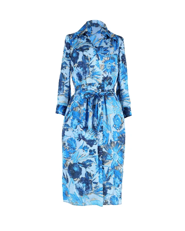Urban Femme Streetwear Boss by Hugo Boss Floral Knee-Length Shirt Dress in Blue Silk Urban Femme Streetwear Boss by Hugo Boss Floral Knee-Length Shirt Dress in Blue Silk