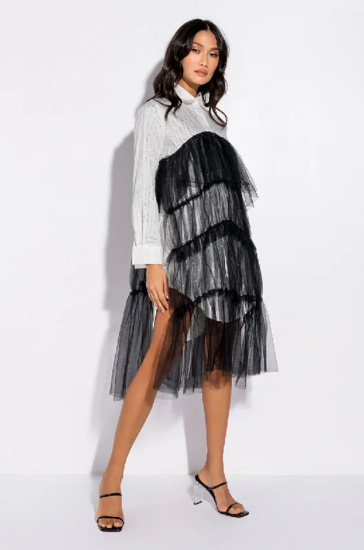 Casual Chic SHINE ON TULLE SHIRT DRESS WITH RHINESTONE PIN STRIPE