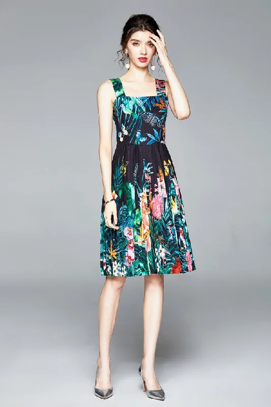 Sale Clothes Online Black & Multicolor print A-line Off The Shoulder Strap Knee Printed Dress Sale Clothes Online Black & Multicolor print A-line Off The Shoulder Strap Knee Printed Dress