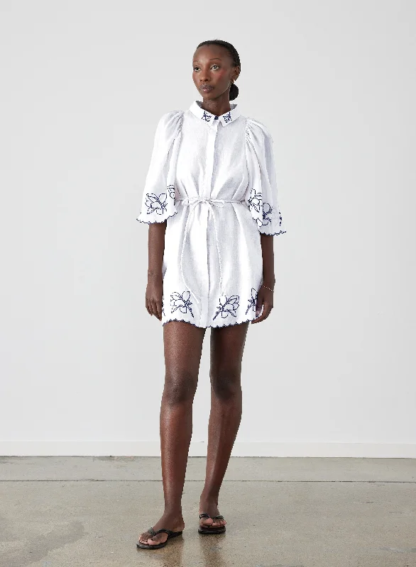 Extreme Clearance Deals Hattie Linen Ramie Embroidery Mini Smock Shirt Dress | Optical White Navy