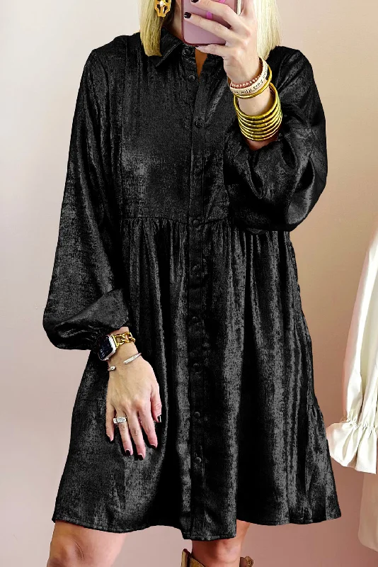 Chic Style, Always In Vogue Metallic Sheen Puff Sleeve Button Up Mini Shirt Dress