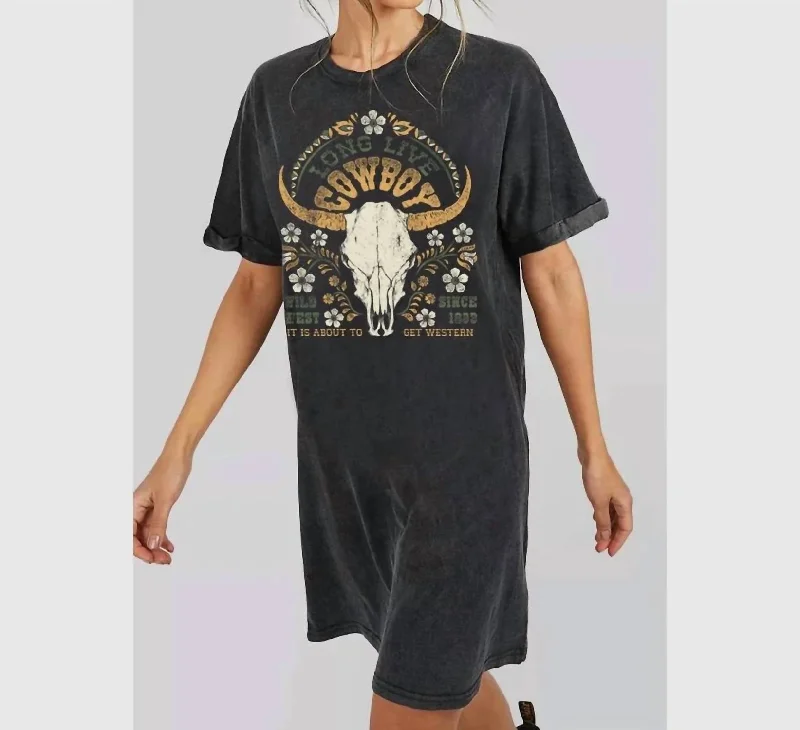 Cutting Edge Fashion Long Live Cowboy Graphic Mineral Tee Shirt Dress In Washed Black