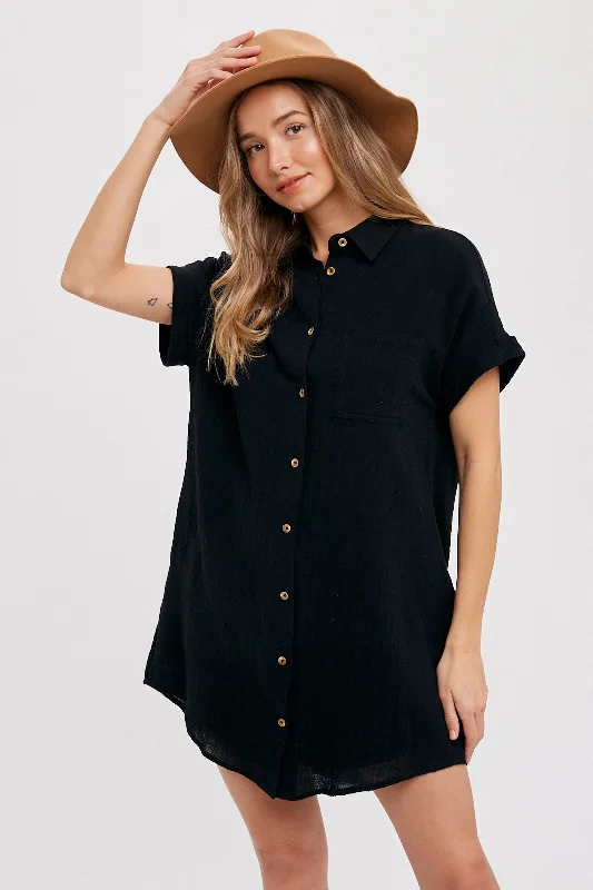 Quality Wear Black Button Up Shirt Dress With Pocket