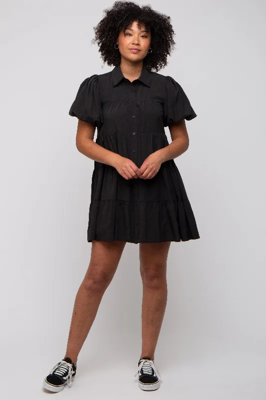 End Of Season Clearance Black Puff Sleeve Mini Shirt Dress
