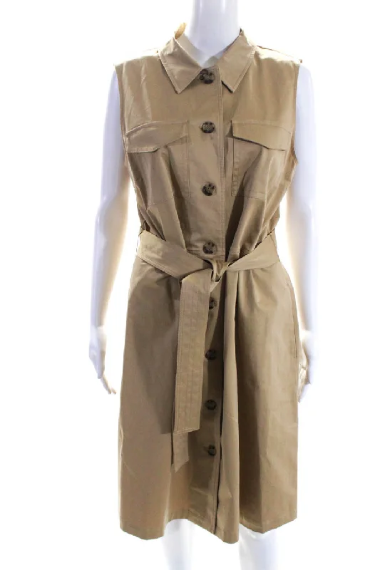 Flash Discount Lafayette 148 New York Womens Belted Sateen Khaki Shirt Dress Honey Nut Large