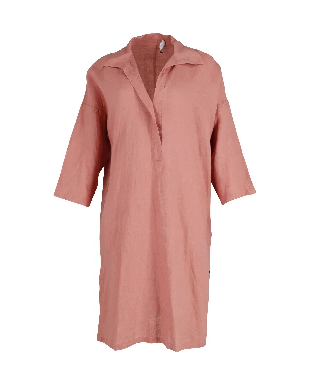 Chic Styles Max Mara Quarter-Sleeve Shirt Dress in Peach Linen