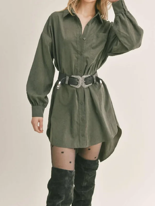 Cutting Edge Fashion Dominique Oversized A Line Shirt Dress In Hunter Green