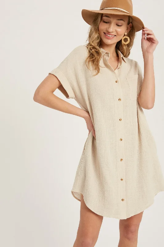 Sale Clearance Beige Button Up Shirt Dress With Pocket