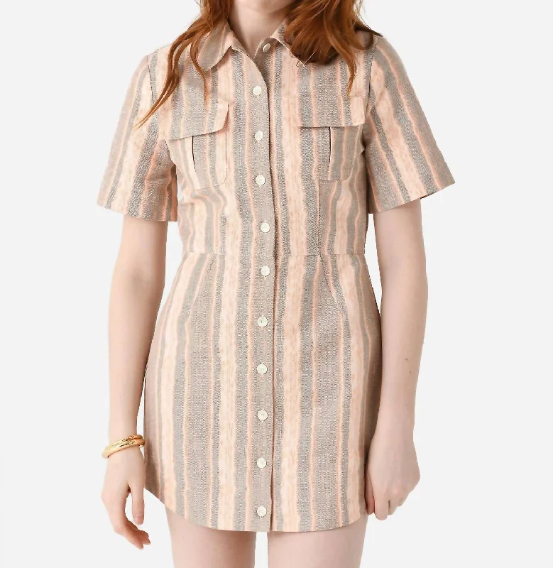 Clothing Store Cargo Button-Up Mini Shirt Dress In Orange Tie Dye Denim