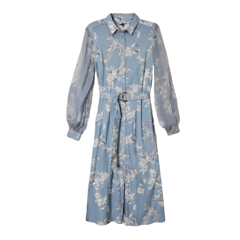Enjoy Discount Dragon Print Kora Midi Shirt Dress In Blue