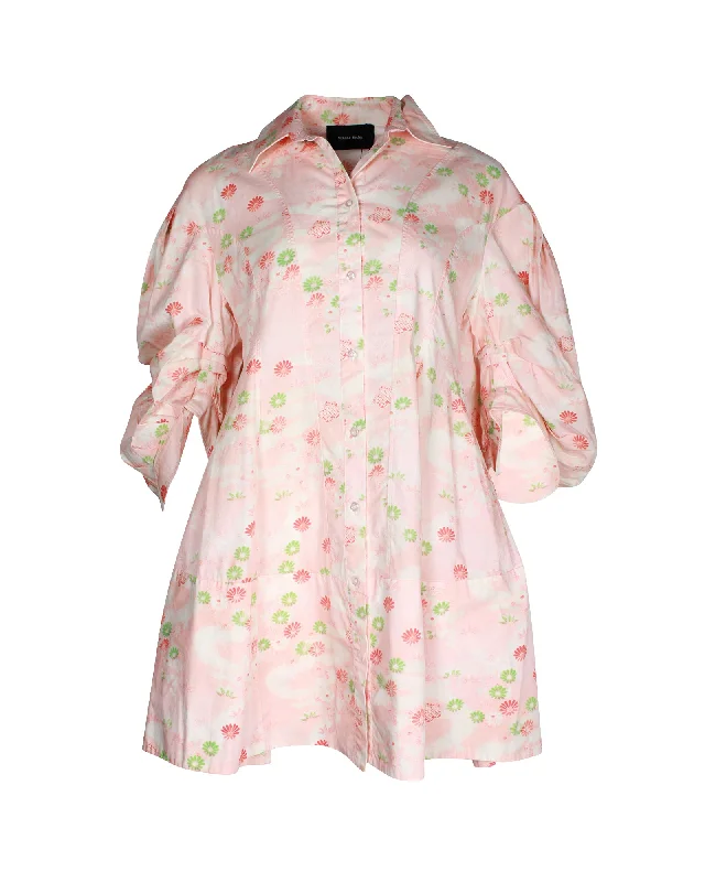 Wardrobe Essentials Simone Rocha Floral-Print Signature Sleeve Mini Shirt Dress in Pink Cotton Wardrobe Essentials Simone Rocha Floral-Print Signature Sleeve Mini Shirt Dress in Pink Cotton