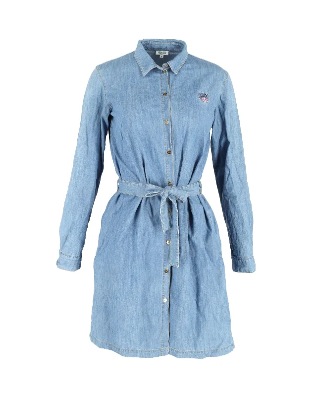 Explore What's New Kenzo Belted Shirt Dress in Blue Cotton Denim
