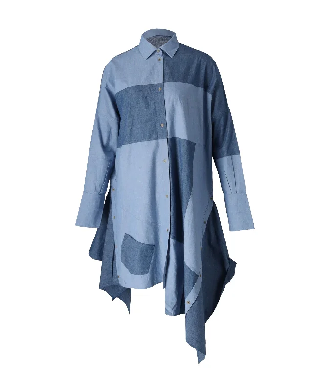 Trendy New Clothes Loewe Asymmetric Patchwork Chambray Shirt Dress in Blue Cotton