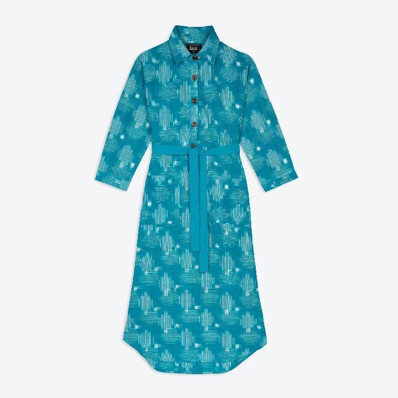 Stay Ahead In Style Lowie Handwoven Teal Ikat Shirt Dress