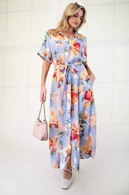 Trendsetting Threads Periwinkle Floral Linen Blend Shirt Dress