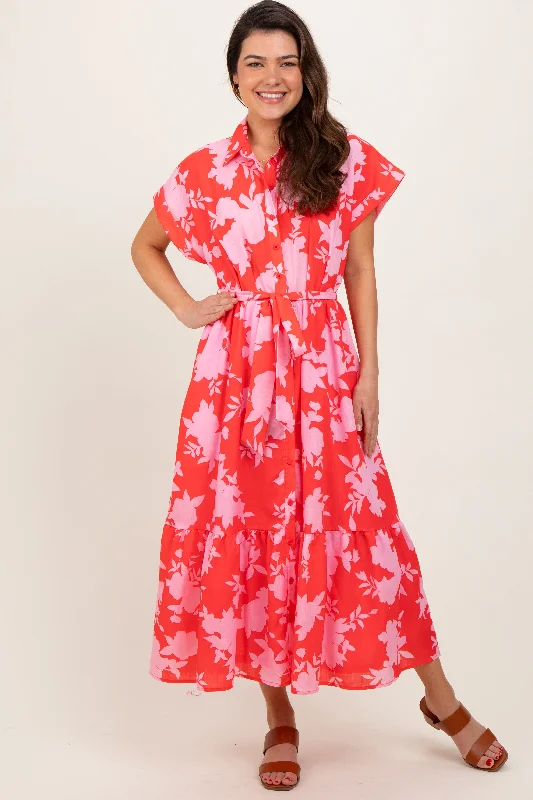 Classic Women's Fashion Red Floral Button Down Shirt Dress