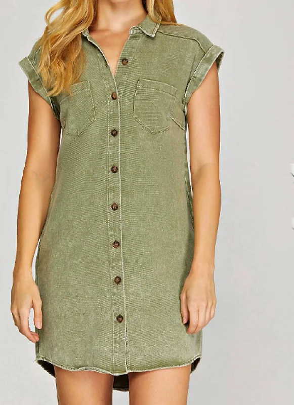 Wardrobe Refresh Button Down Twill Shirt Dress - Olive In Olive Gree