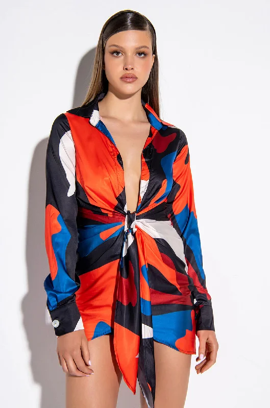 Exquisite Women's Wear Sale ABSTRACT SATIN SHIRT DRESS