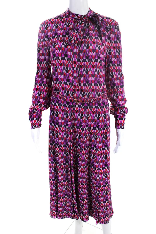 Valentine's Special Valentino Womens Abstract Print Bow-Neck Maxi Shirt Dress Purple Red Valentine's Special Valentino Womens Abstract Print Bow-Neck Maxi Shirt Dress Purple Red