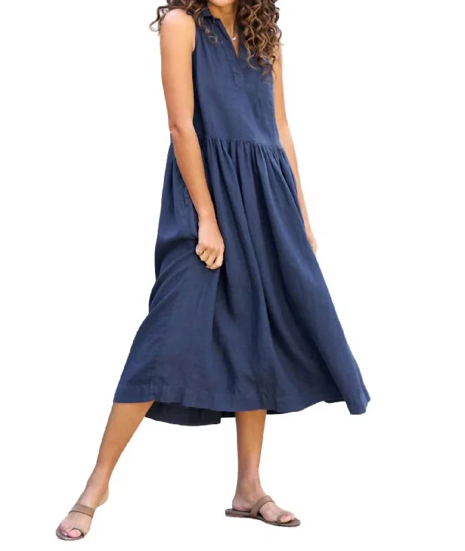 Stylish Statements Daphnee Sleeveless Popover Linen Shirt Dress In Navy
