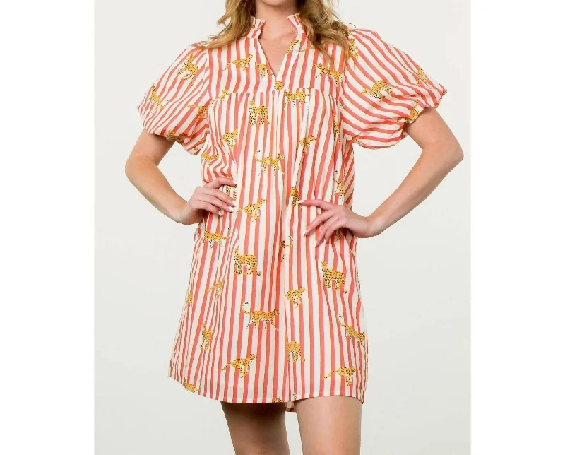 Vintage Fashion Striped Cheetah Print Dress In Multi