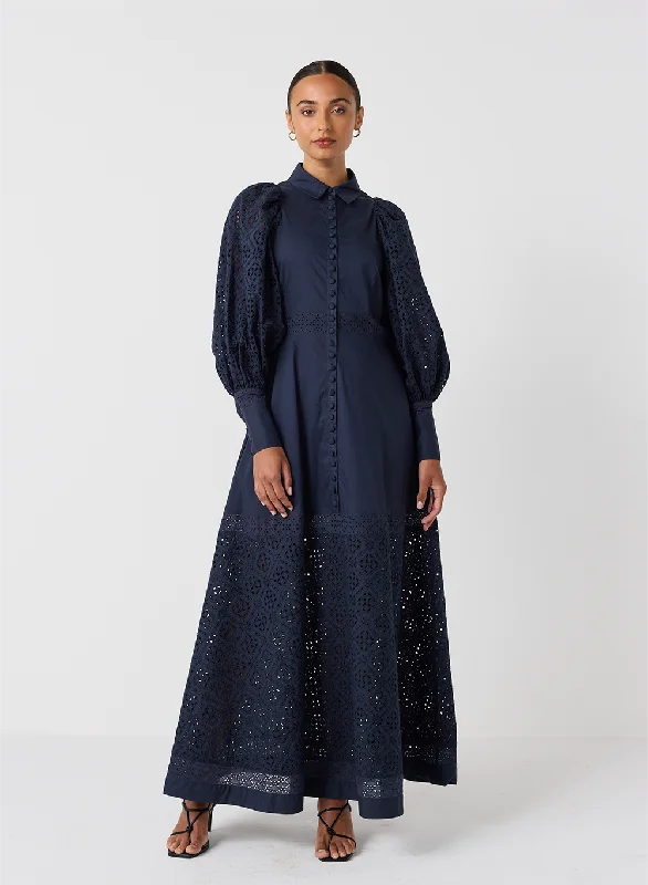 Fashion Forward Femininity Vivie Organic Cotton Broiderie Maxi Shirt Dress