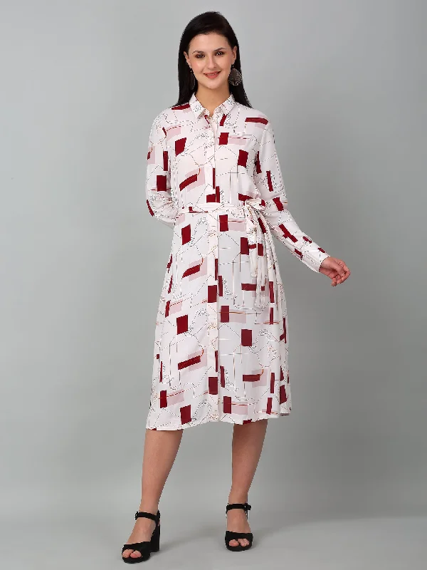 Clothing Brands Women Ivory Collar-Neck Printed Dress