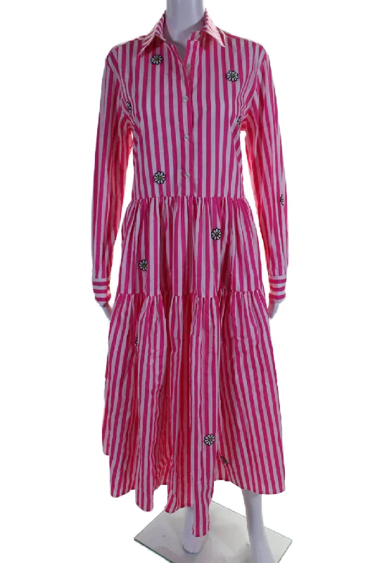 Inspired By You, Designed For You Mira Mikati Womens Cotton Daisy Beaded Pink Striped Poplin Shirt Dress Inspired By You, Designed For You Mira Mikati Womens Cotton Daisy Beaded Pink Striped Poplin Shirt Dress