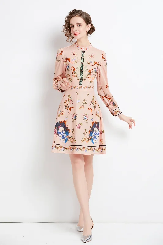 End Of Season Sale Nude pink Day A-line Crewneck Long Sleeve Above Knee Printed Dress