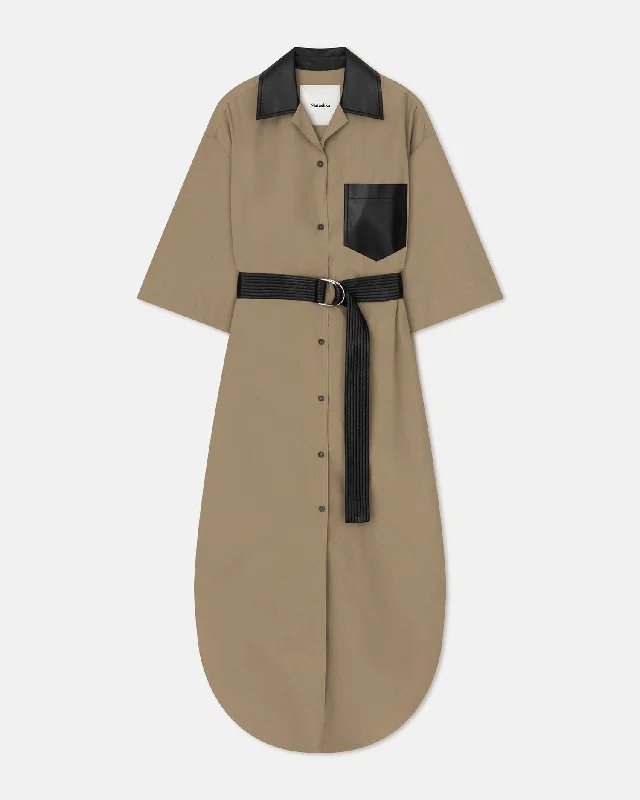 Find Your Unique Flair Meilani - Belted Tech Poplin Shirt Dress - Muted Khaki