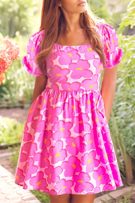 Elegant Style Floral Print Square Neck Empire Waist Flowy Dress