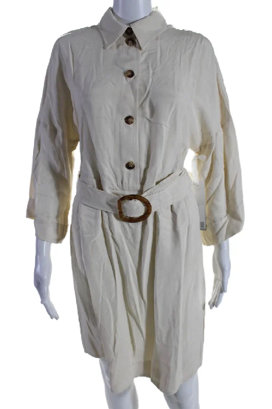 Evening Elegance I By Iris Setlakwe Womens 3/4 Sleeve Collared Belted Shirt Dress White