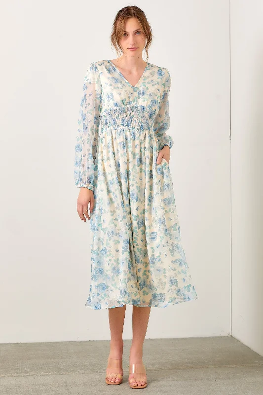 Fashion Sale Blue Multi Watercolor Floral Mesh Dress