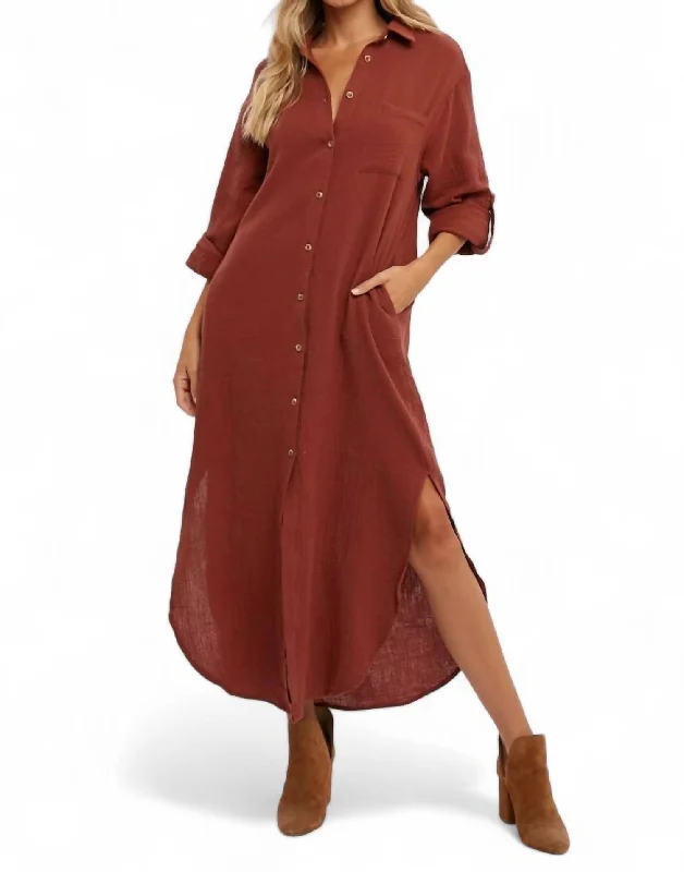 Summer Essentials Sarah Button Up Maxi Shirt Dress With Pocket In Brick