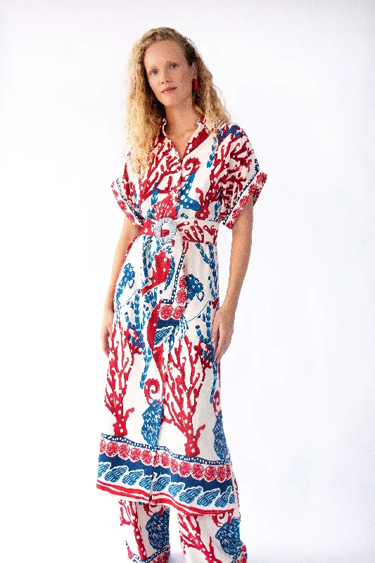 Elegant Clothing Maxi Shirt Dress with Buckle in Sea Horse