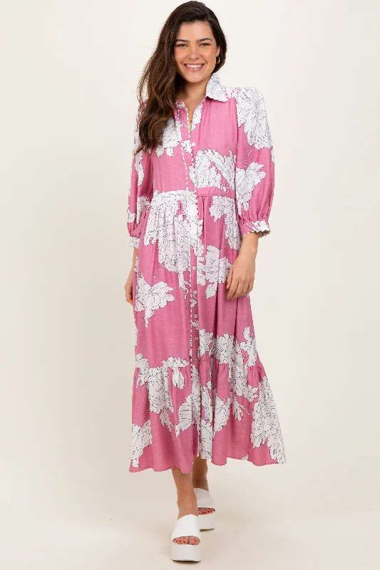 Evening Elegance Pink Floral Print Cinched Tie Waist Shirt Dress