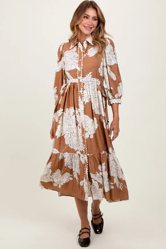 Spring Wardrobe Camel Floral Print Cinched Tie Waist Shirt Dress