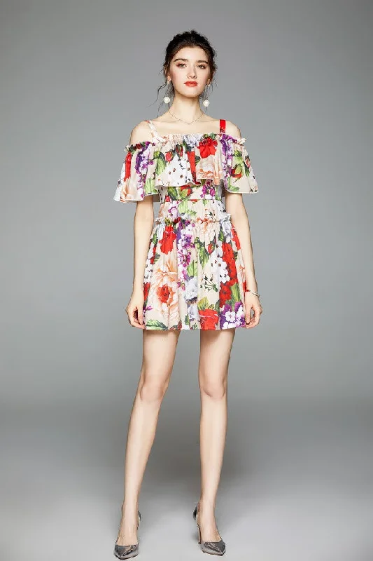 Crazy Price Slashing Multicolor Day A-line Off The Shoulder Strap Micro Floral Printed Dress