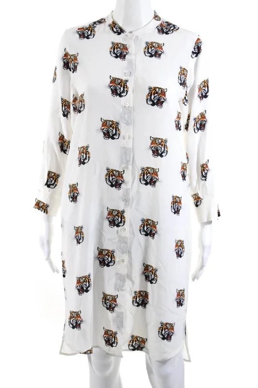 Premium Fashion Stella McCartney Womens Silk Tiger Print Knee Length Shirt Dress White Premium Fashion Stella McCartney Womens Silk Tiger Print Knee Length Shirt Dress White