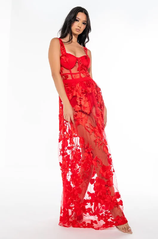 Style Upgrade LUCY MAXI MESH DRESS WITH ATTACHED CORSET RED