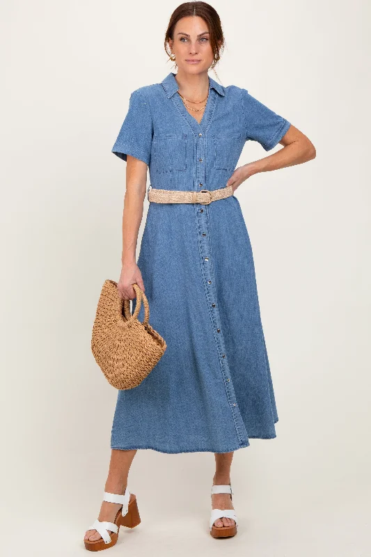 Relaxed Style Blue Chambray Button Down Midi Shirt Dress