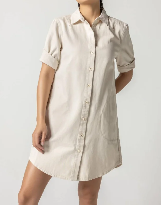 Season Offer Canvas Woven Cuff Sleeve Shirt Dress In Natural