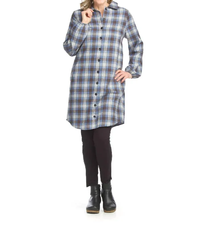 Women's Clothes Online Shopping Fiona Plaid Button Down Shacket Or Shirt Dress In Blue/brown